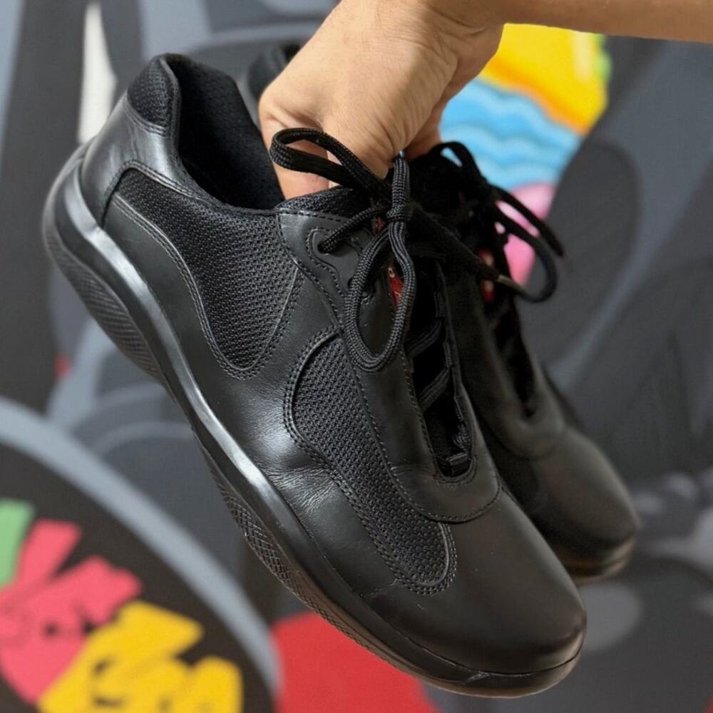Men's Prada America's Cup Black Leather Mesh Sneakers Size 8 VNDS No Box